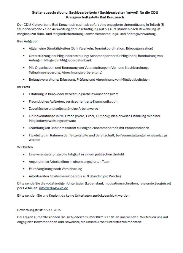 Der CDU- Kreisverband bietet eine Stelle als Sachbearbeiterin an
